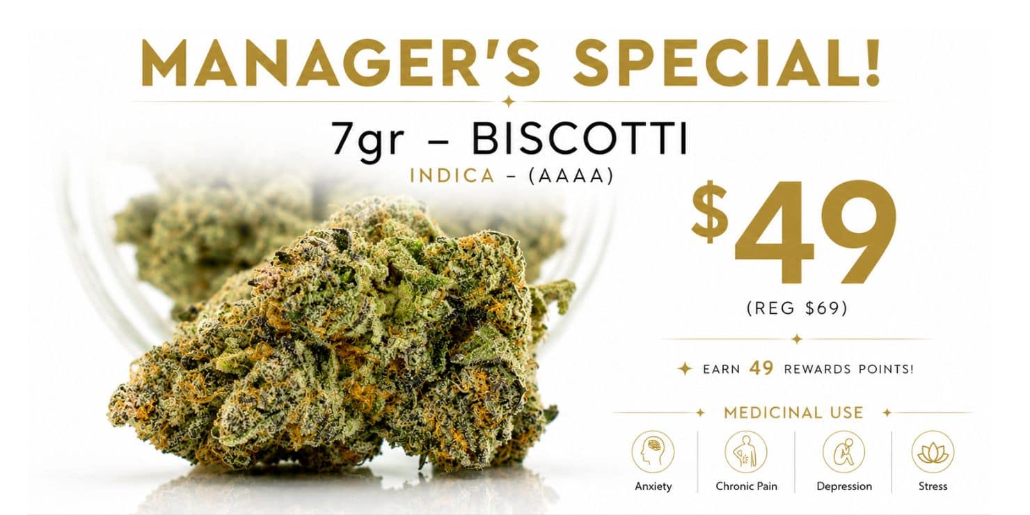7g Biscotti Indica cannabis flower by King Tut's Cannabis featuring dense frosty buds with sweet cookie flavor, AAA quality marijuana strain and relaxing effects.