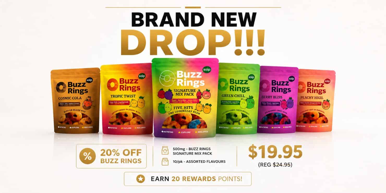 Buzz Rings edible gummies promotional banner featuring six assorted flavour packs, 20% off sale pricing at $19.95, and reward points offer on a white background.