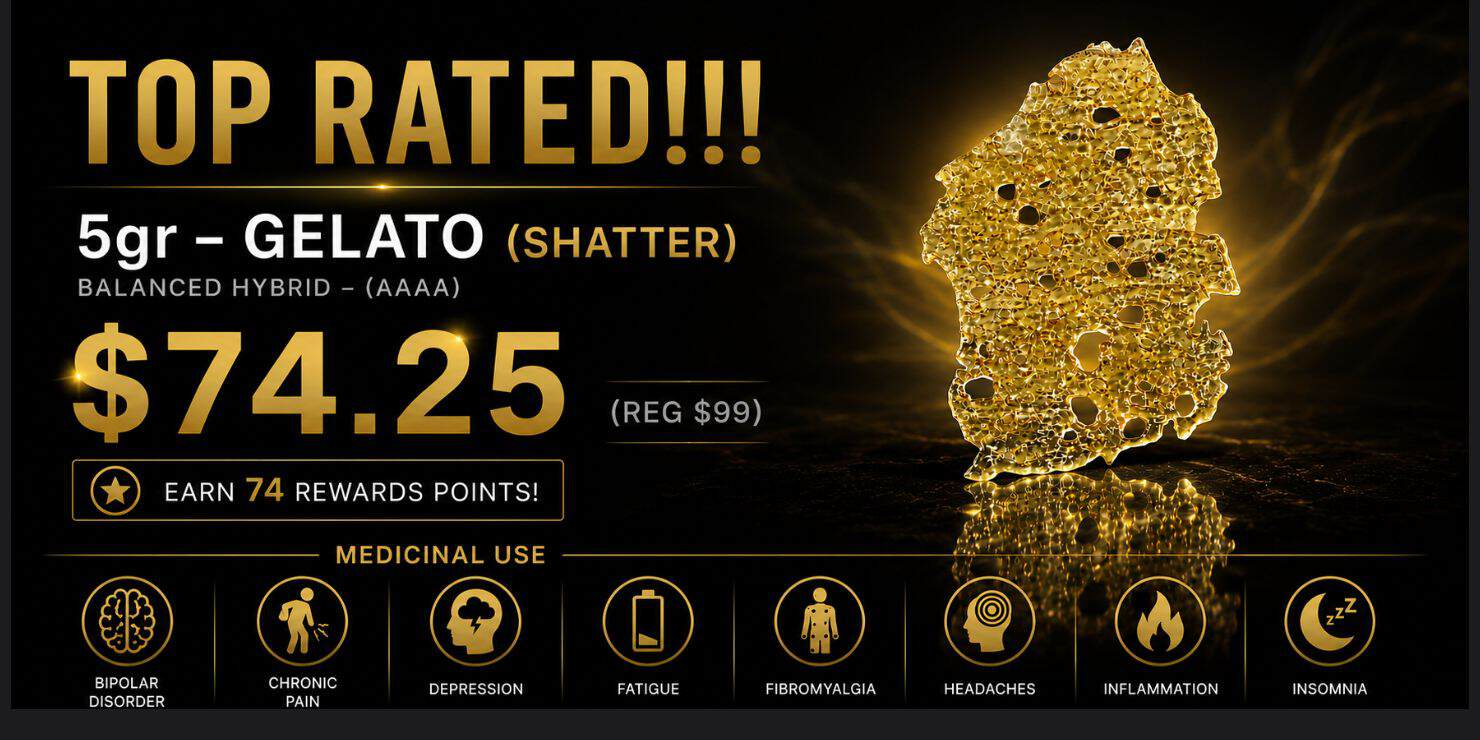 Top Rated 5g Gelato Shatter cannabis concentrate on black luxury promotional banner featuring gold cannabis leaf artwork, priced at $74.25 with rewards points offer and indica product details.
