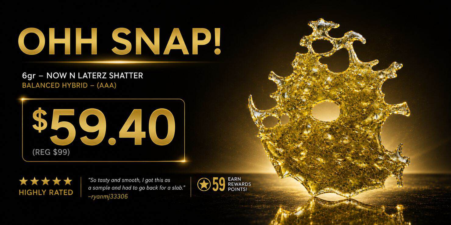 "OHH SNAP 7g Jungle Juice AAA cannabis flower on sale for $59.40 featuring premium buds with a golden cannabis splash design."