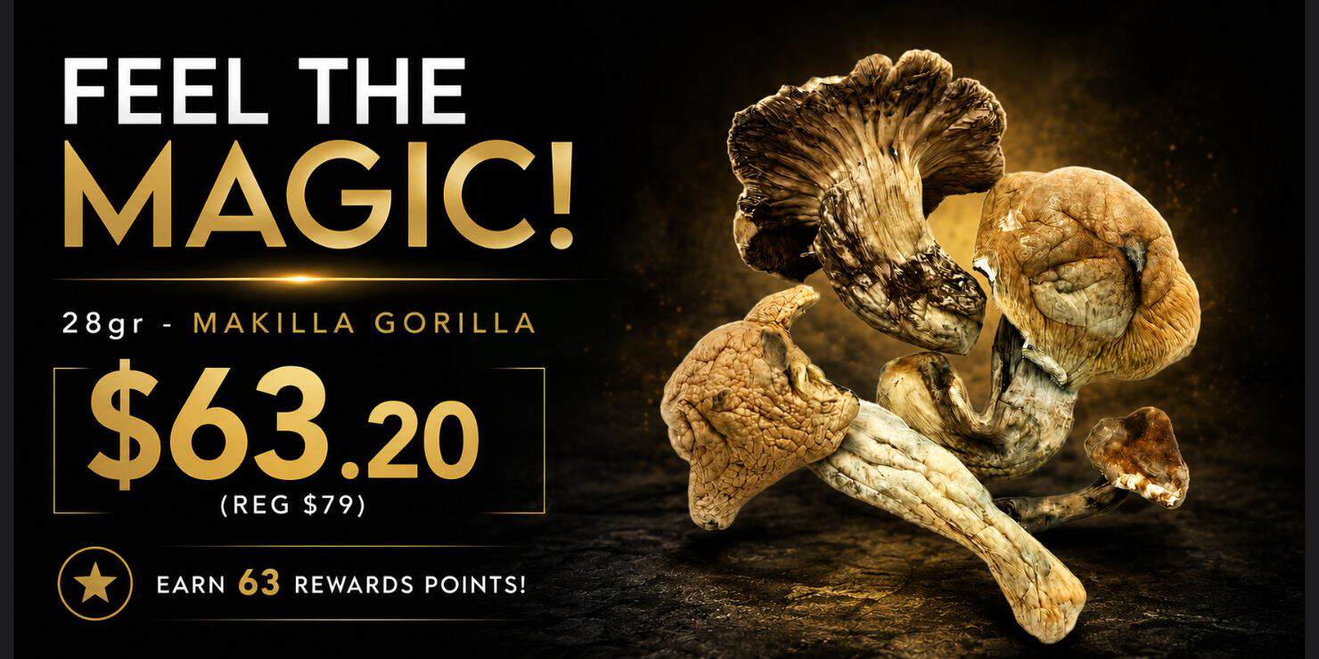 King Tut's Cannabis promotional banner featuring 28g of Makilla Gorilla flower. The banner displays the headline "Feel the Magic!" with a sale price of $63.20 on a black and gold background. Large cannabis buds are showcased prominently beside the product name, with rewards points information and premium cannabis branding.