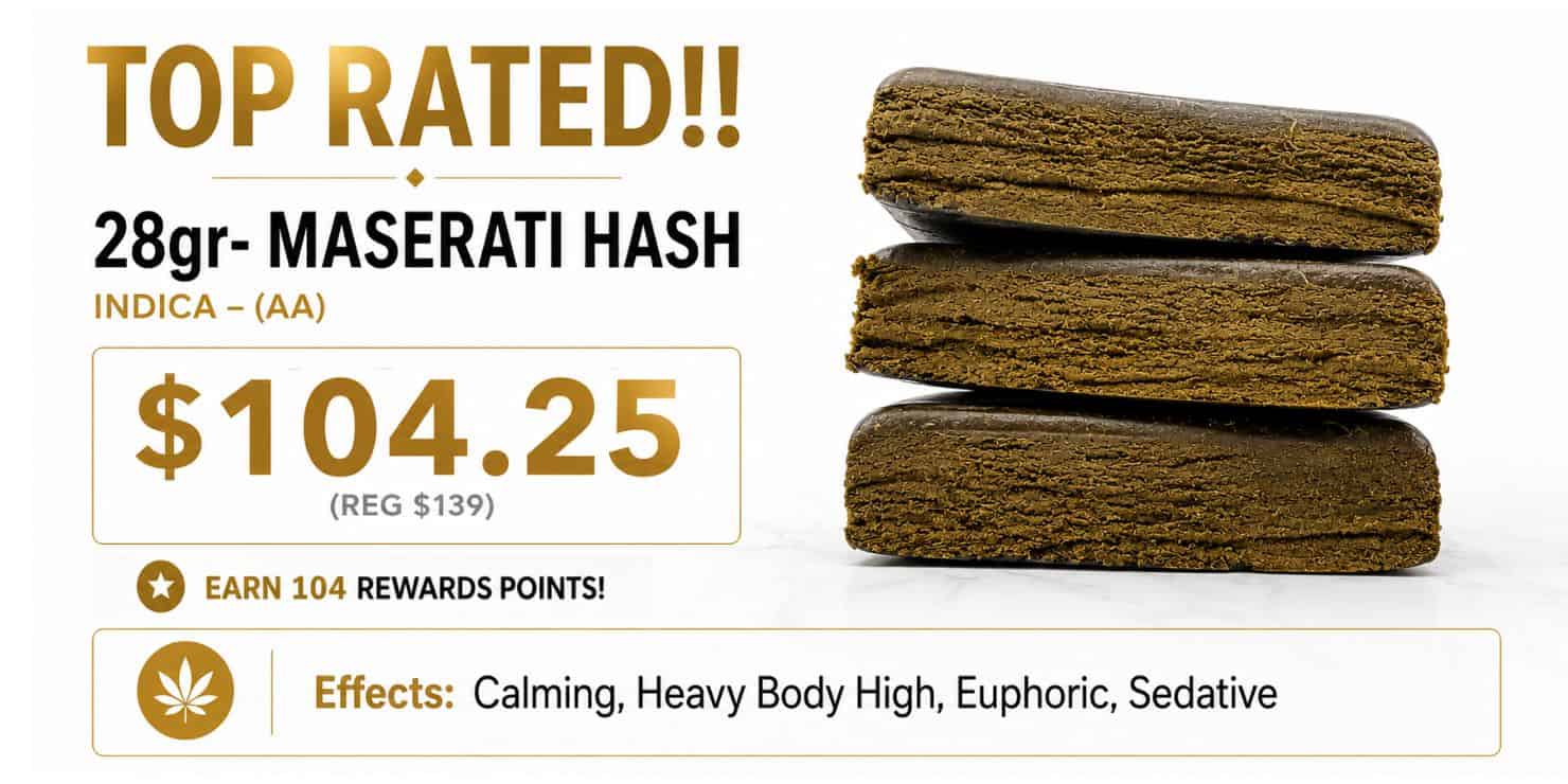 28g Maserati Hash Indica cannabis hash by King Tut's Cannabis featuring premium pressed hash with calming, euphoric and sedative effects.