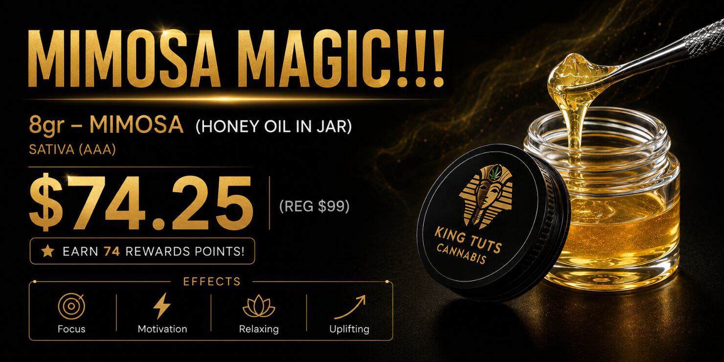 Mimosa Magic cannabis honey oil syringe and jar on a premium black and gold promotional banner, featuring 8g Mimosa honey oil, priced at $74.25 with rewards points offer.