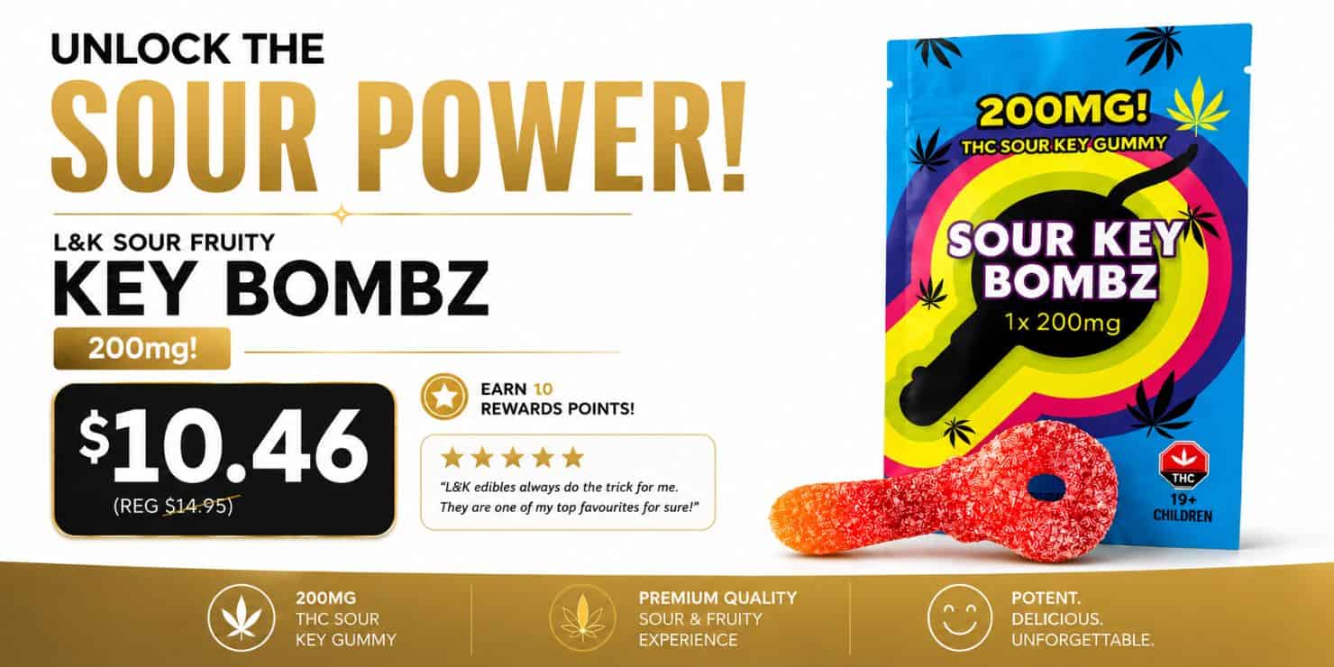 "Unlock the Sour Power Sour Key Bombz 200mg cannabis edibles on sale for $10.46 featuring assorted sour gummy candies."