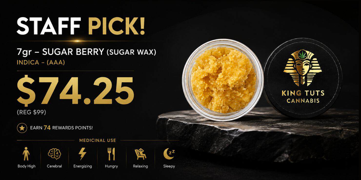 King Tuts Sugar Berry Sugar Wax promotional banner featuring a 7g concentrate jar, sale price of $74.25, and premium black-and-gold design.