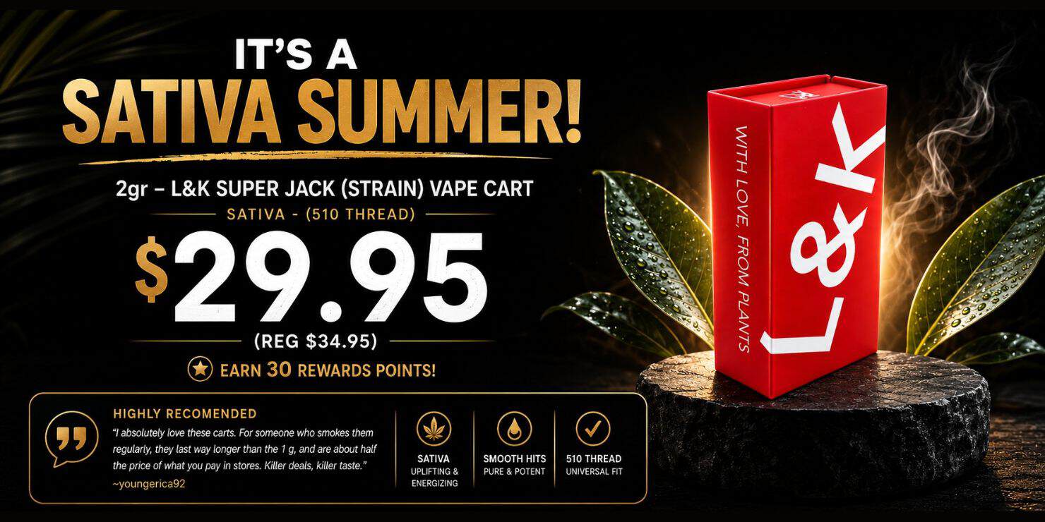 L&K Super Jack vape cart promotion featuring a 2g sativa 510-thread cartridge, sale price of $29.95, and premium black-and-gold summer-themed design.