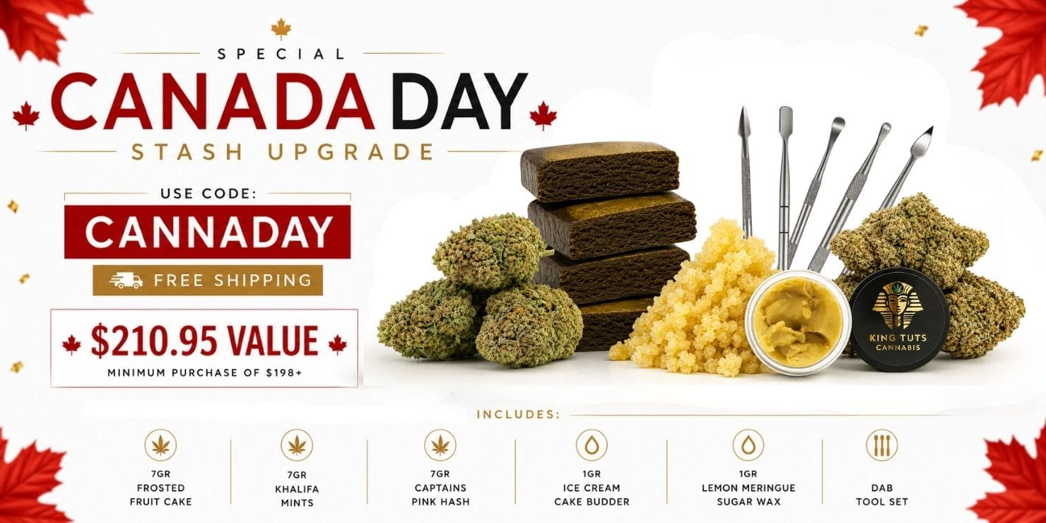 Canada Day Stash Upgrade promotion featuring cannabis flower, hash, pre-rolls, and kief with a $210.95 value bundle.