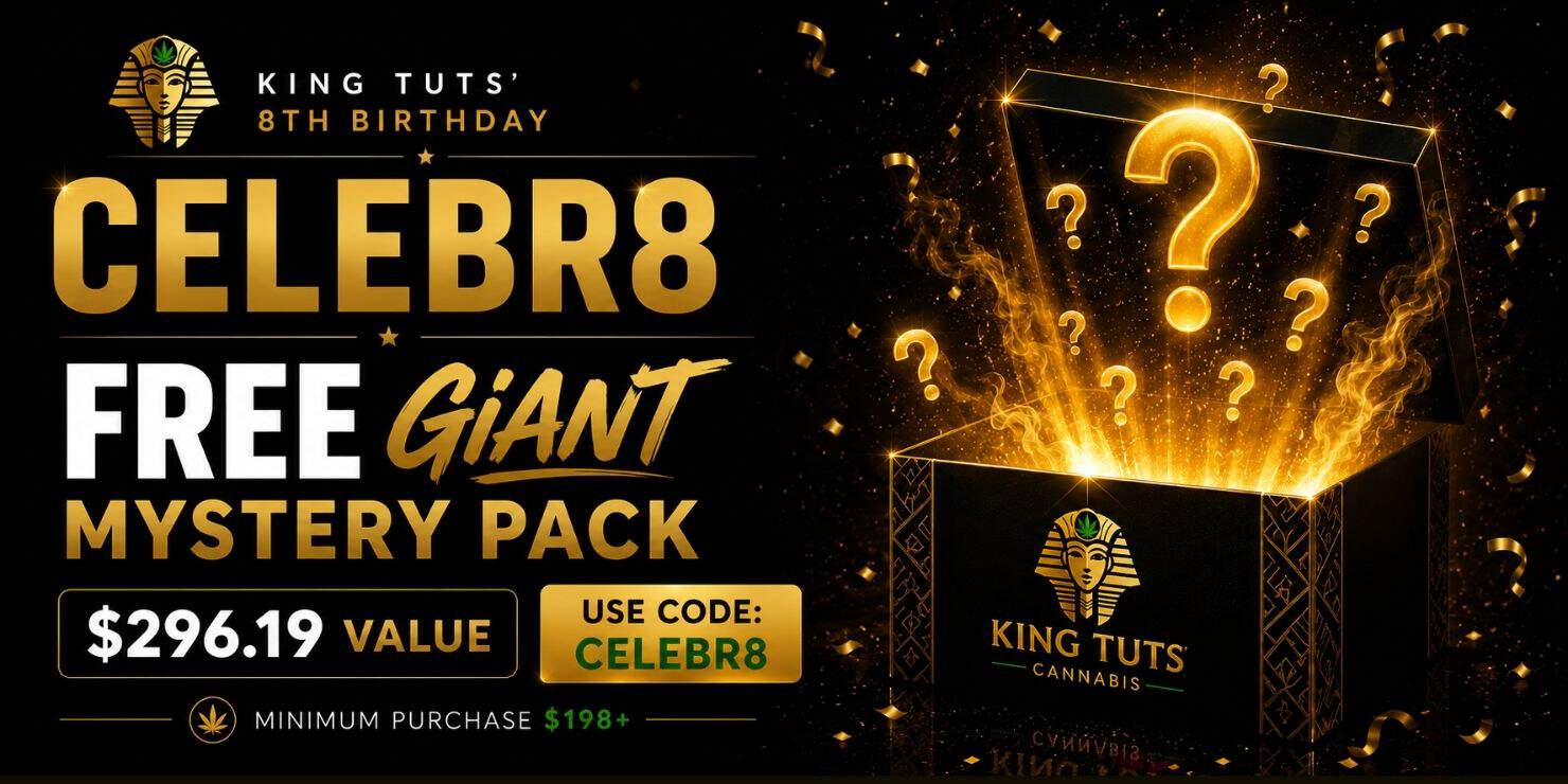 King Tut's 9th Birthday promotion banner featuring a mystery gift box with glowing question marks and gold spark effects. Headline reads "CELEBR8" with "Free Giant Mystery Pack" offer. Banner highlights a $296.19 value and includes promo code "CELEBR8" on a black and gold background.