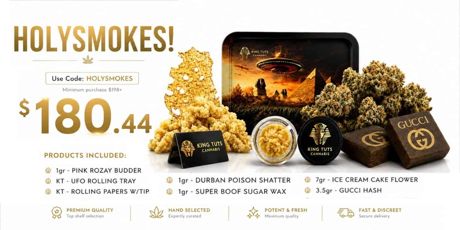 Premium cannabis promotional banner featuring the HOLYSMOKES bundle offer on a white reflective background. The image displays Ice Cream Cake flower, Gucci hash, Durban Poison shatter, Super Boof sugar wax, Pink Rozay budder, a King Tuts UFO rolling tray, and rolling papers with tips. Large gold text highlights the HOLYSMOKES discount code, minimum purchase requirement, and bundle value of $180.44.