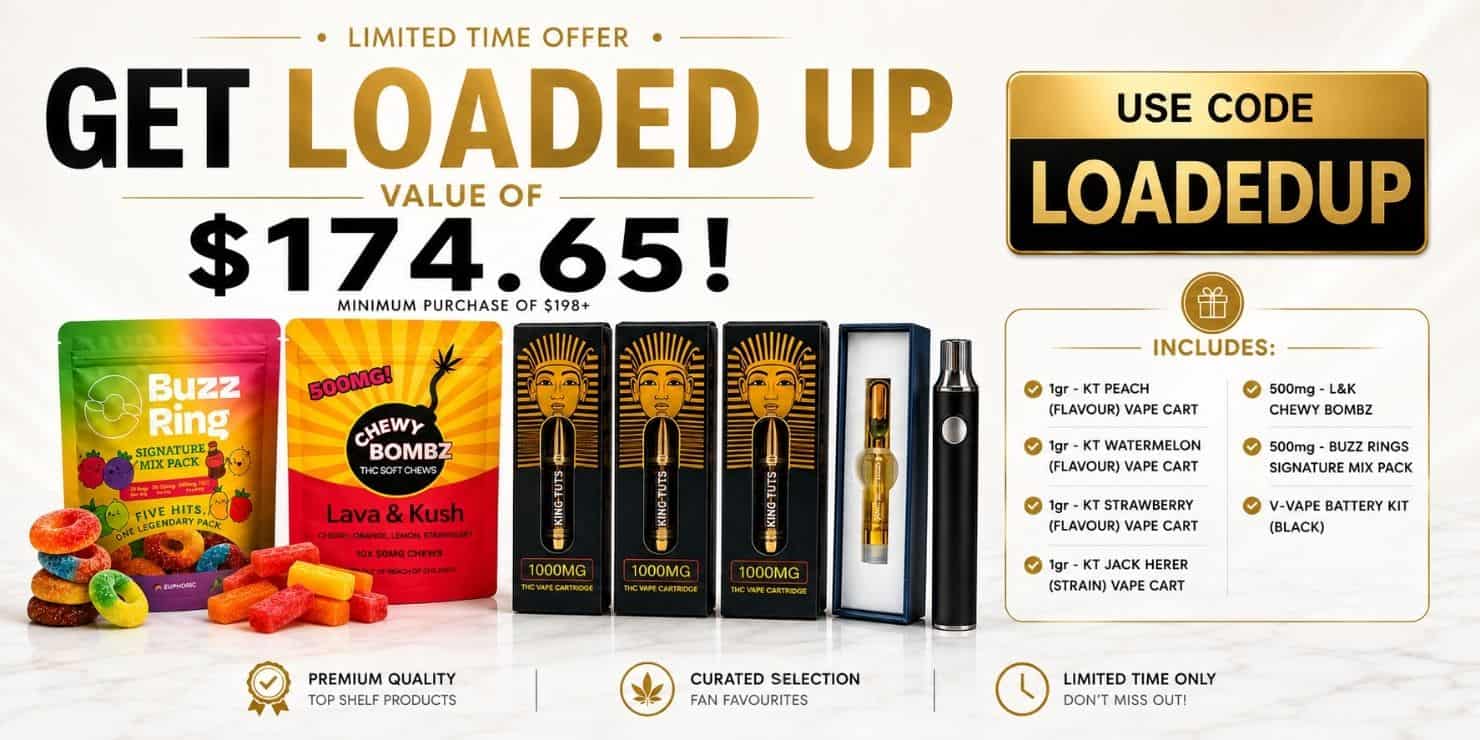 Get Loaded Up cannabis bundle sale featuring vapes, gummies, concentrates, and infused pre-rolls with discount pricing and promo code LOADEDUP.
