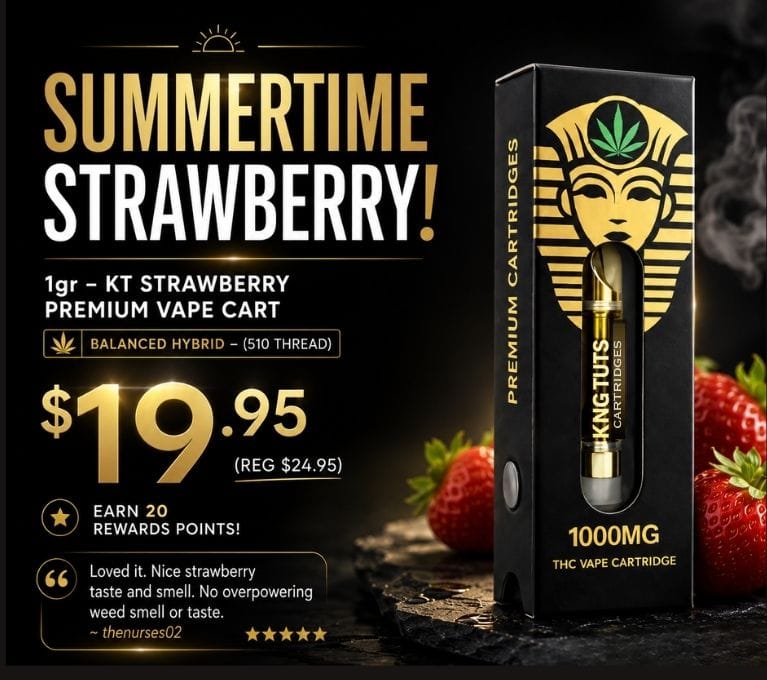 Summertime Strawberry promotion featuring a 1g premium vape cart with 1000mg THC, priced at $19.95, displayed with fresh strawberries.