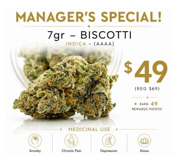 7g Biscotti Indica cannabis flower by King Tut's Cannabis featuring dense frosty buds with sweet cookie flavor, AAA quality marijuana strain and relaxing effects.