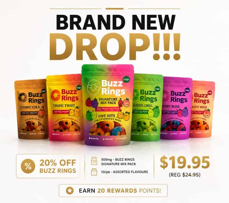 Buzz Rings edible gummies promotional banner featuring six assorted flavour packs, 20% off sale pricing at $19.95, and reward points offer on a white background.
