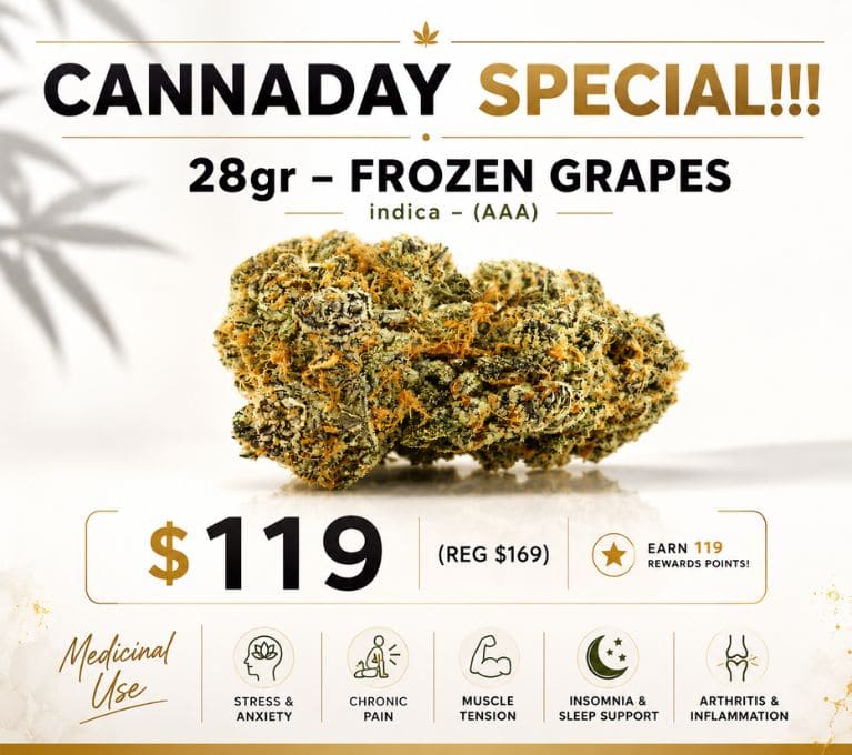 Canada Day Special featuring 28g Frozen Grapes indica flower on sale for $119, regularly $149.95.