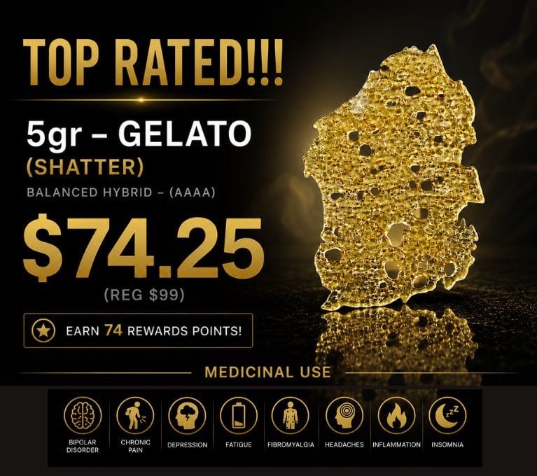Top Rated 5g Gelato Shatter cannabis concentrate on black luxury promotional banner featuring gold cannabis leaf artwork, priced at $74.25 with rewards points offer and indica product details.
