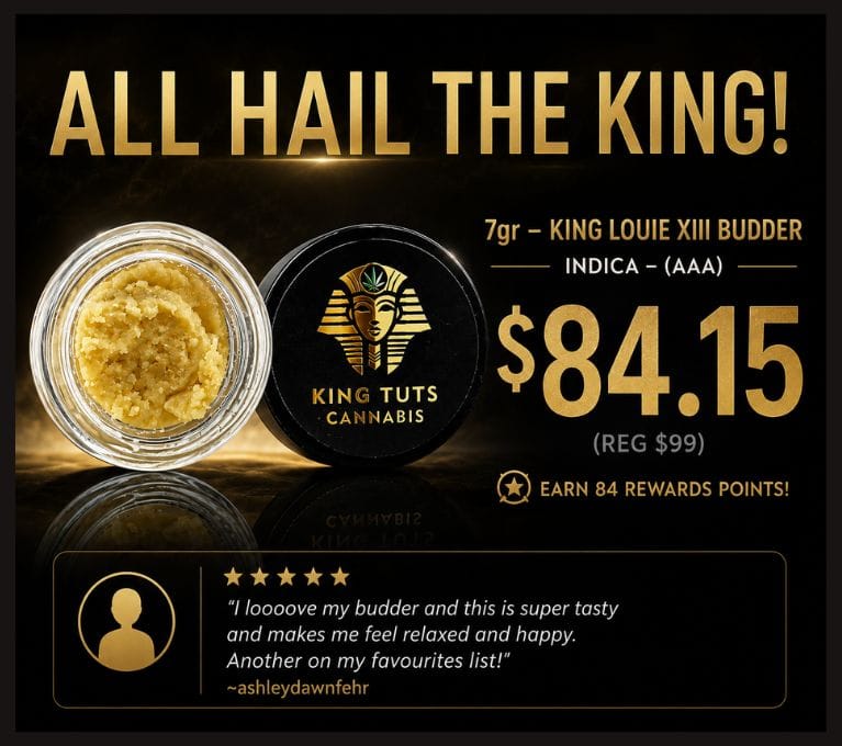 7g King Louis XIII Indica live resin cannabis concentrate by King Tut's Cannabis featuring premium extract with up to 81% THC and potent relaxing effects.