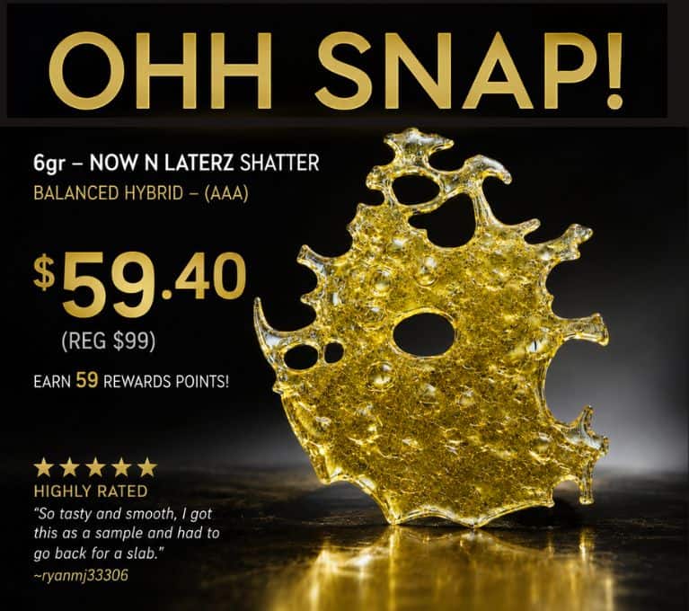 "OHH SNAP 7g Jungle Juice AAA cannabis flower on sale for $59.40 featuring premium buds with a golden cannabis splash design."