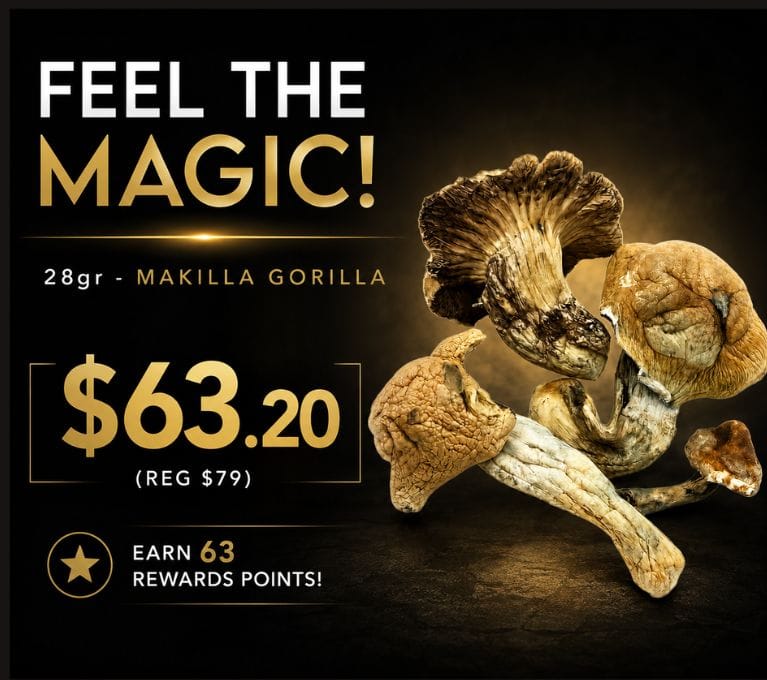 King Tut's Cannabis promotional banner featuring 28g of Makilla Gorilla flower. The banner displays the headline "Feel the Magic!" with a sale price of $63.20 on a black and gold background. Large cannabis buds are showcased prominently beside the product name, with rewards points information and premium cannabis branding.
