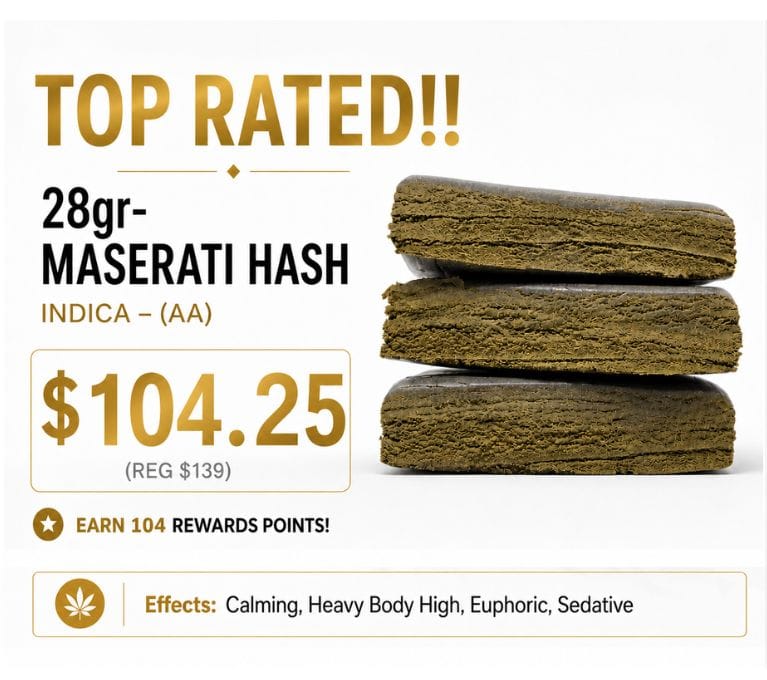 28g Maserati Hash Indica cannabis hash by King Tut's Cannabis featuring premium pressed hash with calming, euphoric and sedative effects.
