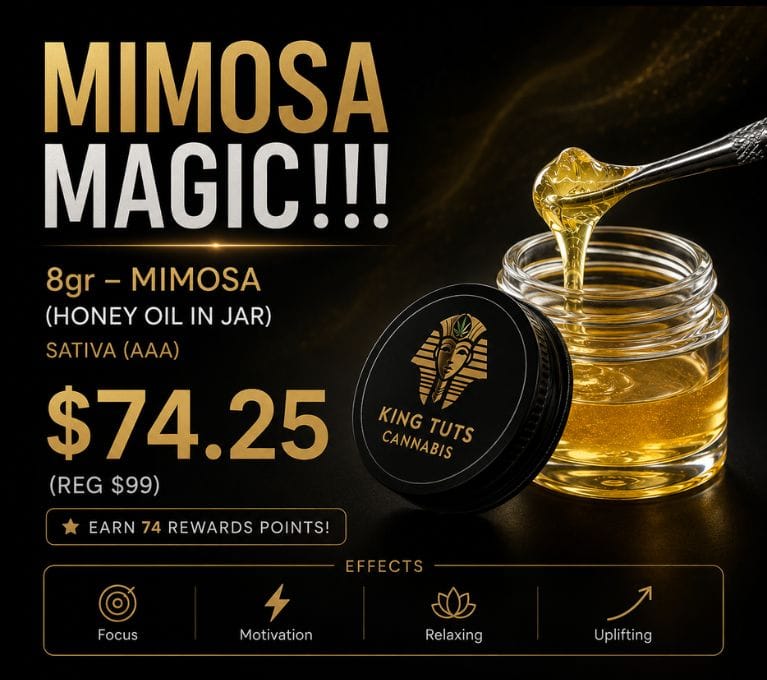 Mimosa Magic cannabis honey oil syringe and jar on a premium black and gold promotional banner, featuring 8g Mimosa honey oil, priced at $74.25 with rewards points offer.