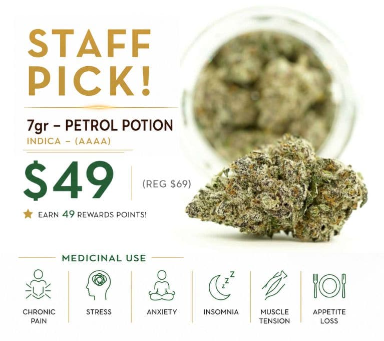 "Staff Pick Petrol Potion 7g AAA cannabis flower on sale for $49 with premium green buds displayed beside the package."