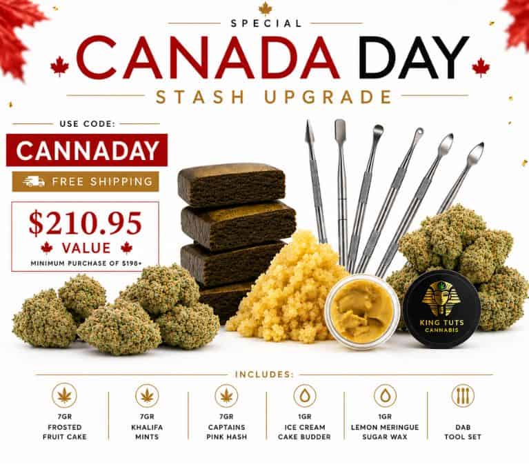 Canada Day Stash Upgrade promotion featuring cannabis flower, hash, pre-rolls, and kief with a $210.95 value bundle.