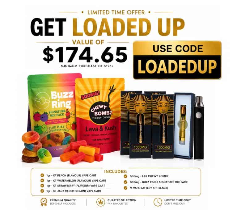 Get Loaded Up cannabis bundle sale featuring vapes, gummies, concentrates, and infused pre-rolls with discount pricing and promo code LOADEDUP.