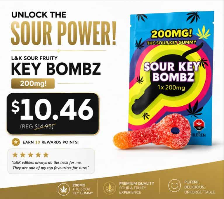 "Unlock the Sour Power Sour Key Bombz 200mg cannabis edibles on sale for $10.46 featuring assorted sour gummy candies."