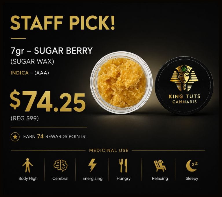 King Tuts Sugar Berry Sugar Wax promotional banner featuring a 7g concentrate jar, sale price of $74.25, and premium black-and-gold design.