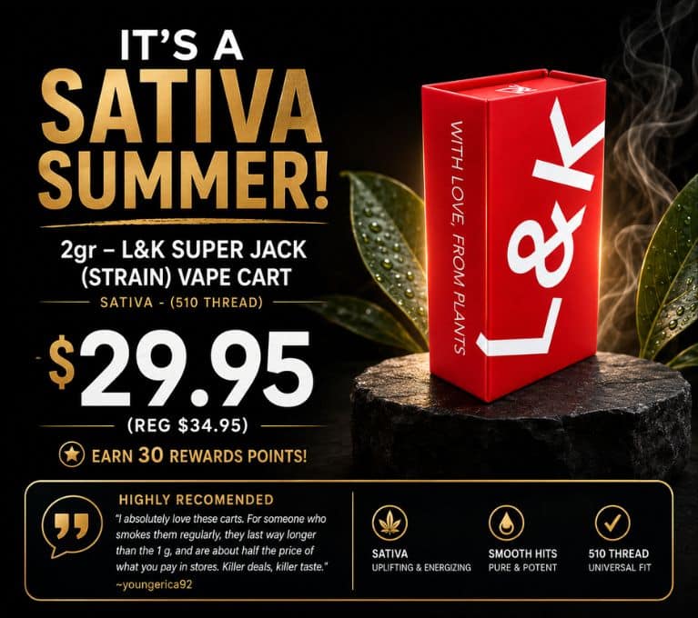 L&K Super Jack vape cart promotion featuring a 2g sativa 510-thread cartridge, sale price of $29.95, and premium black-and-gold summer-themed design.