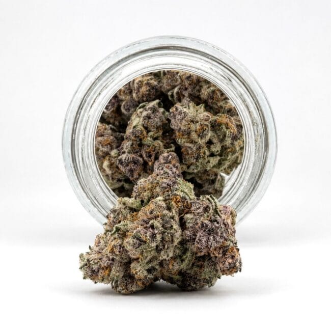 Dense cannabis flower with frosty trichomes in foreground, glass jar softly blurred on a crisp white background