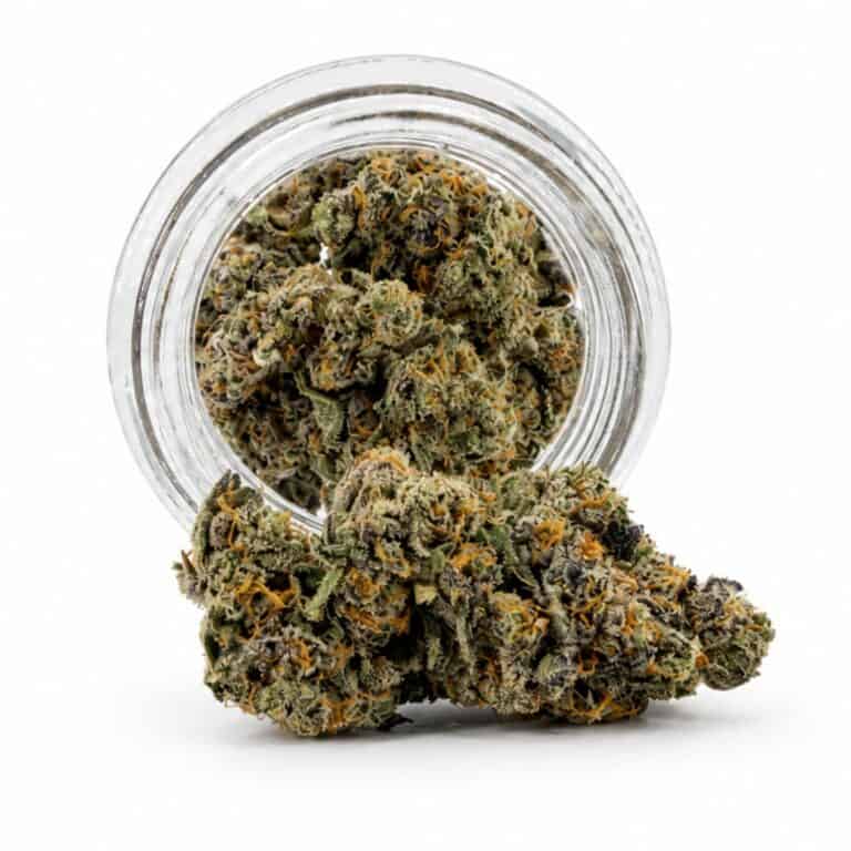 Dense cannabis flower with frosty trichomes in foreground, glass jar softly blurred on a crisp white background