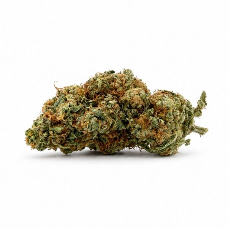 Image of cannabis bud with frosty trichomes on a crisp white background