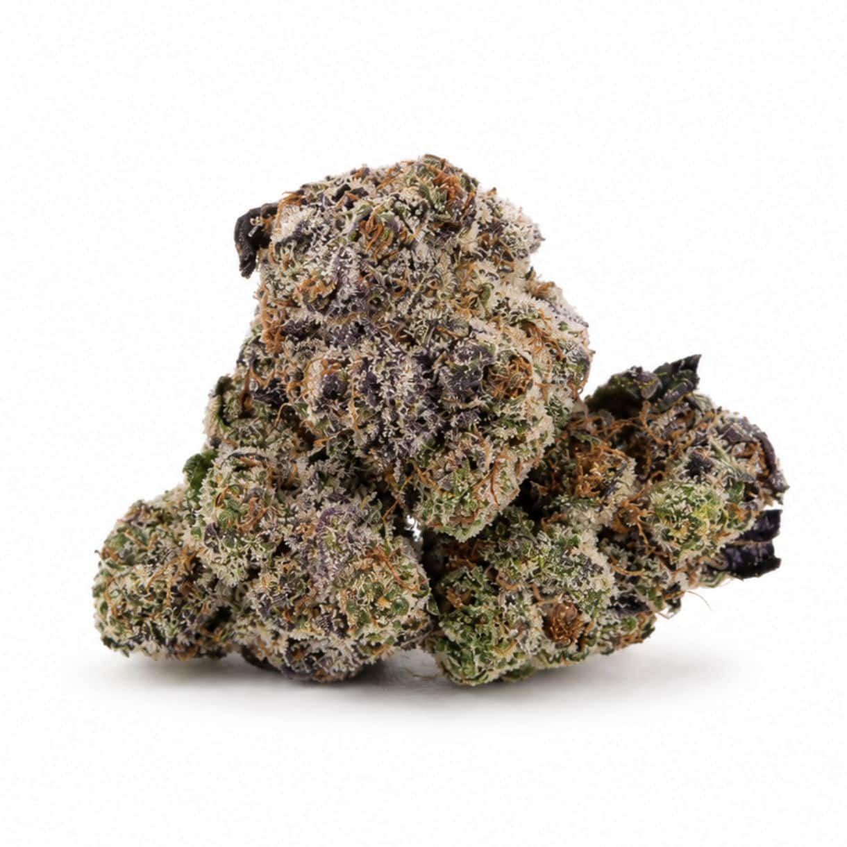 Image of cannabis bud with frosty trichomes on a crisp white background