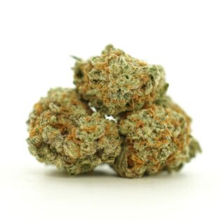 Image of icved wine smalls cannabis bud with frosty trichomes on a crisp white background