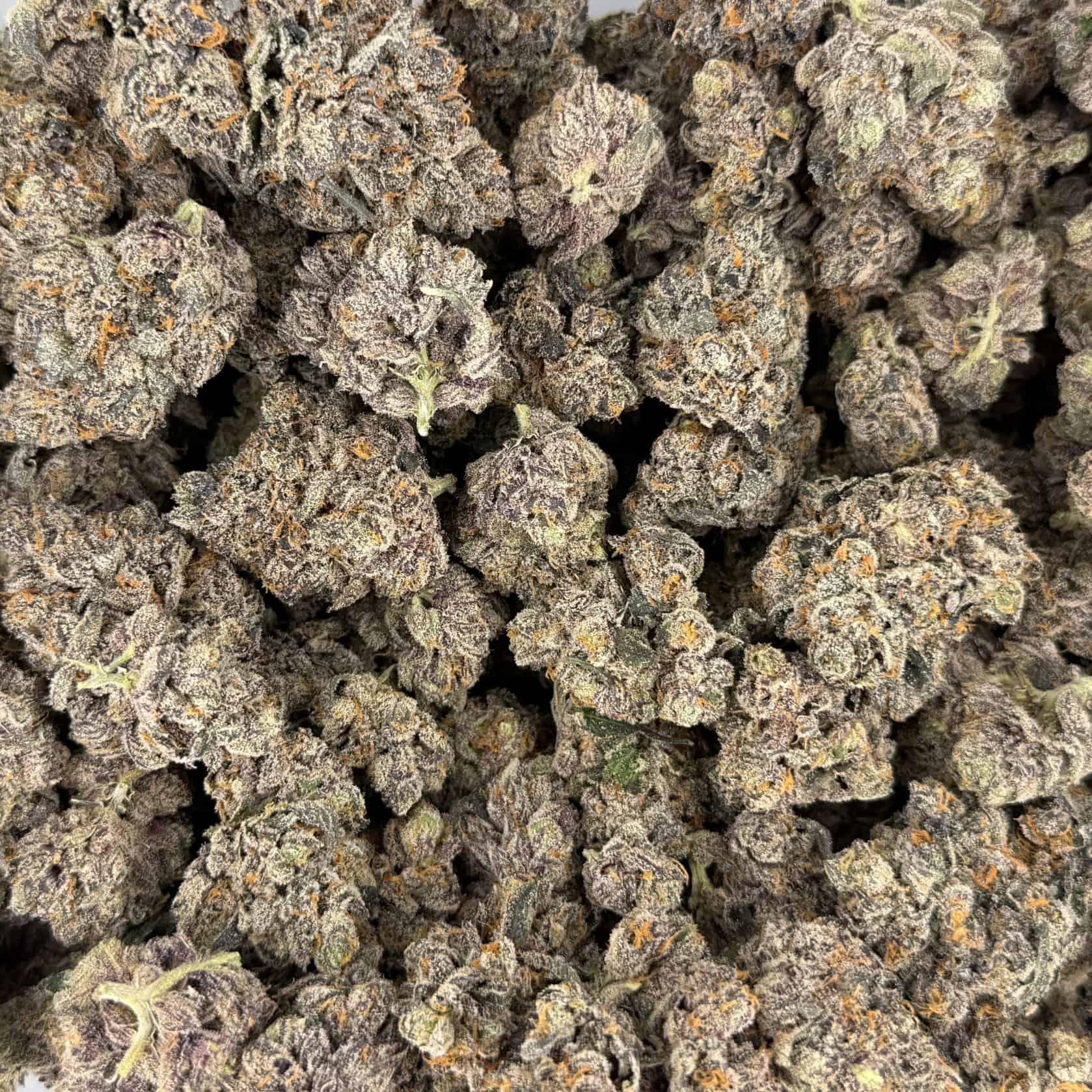 top view of cannabis buds with dense structure, frosty trichomes, and light green coloration