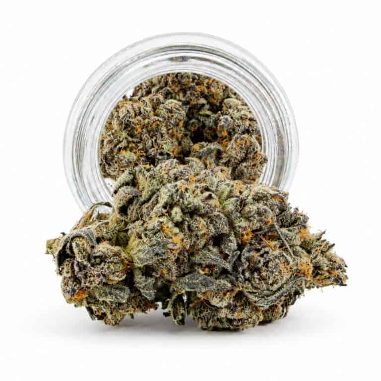 Dense cannabis flower with frosty trichomes in foreground, glass jar softly blurred on a crisp white background