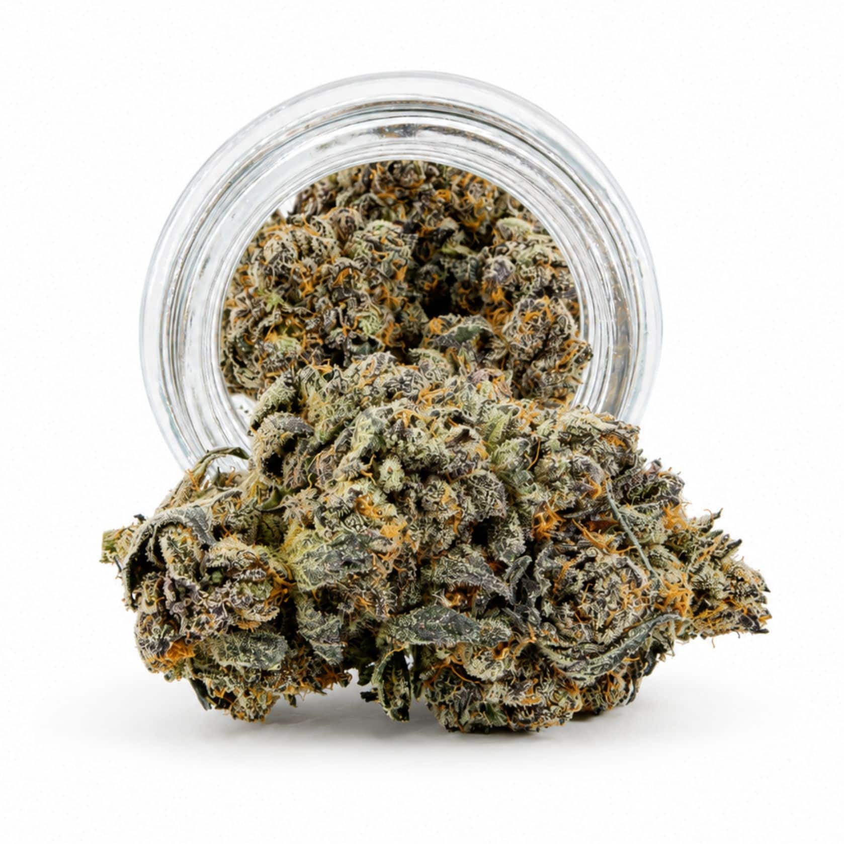 Dense cannabis flower with frosty trichomes in foreground, glass jar softly blurred on a crisp white background