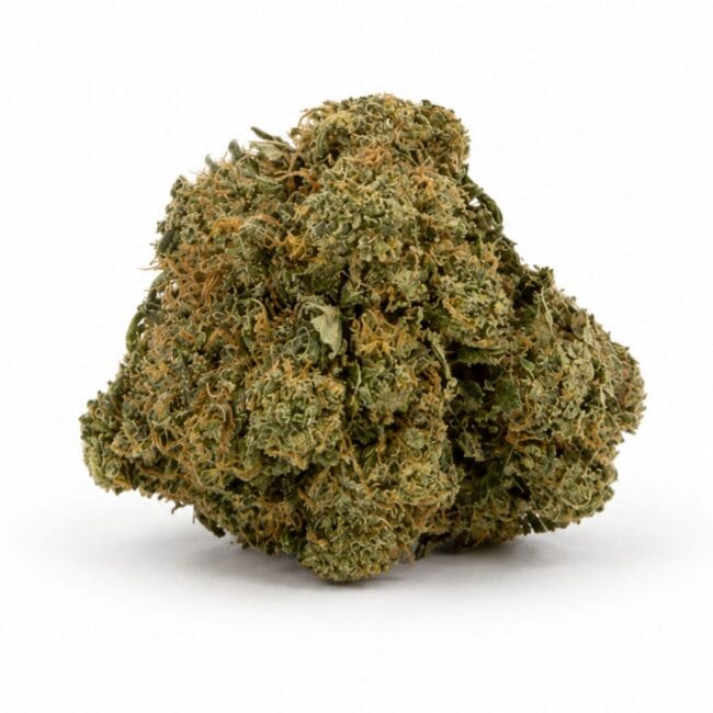 og pink Image of cannabis bud with frosty trichomes on a crisp white background