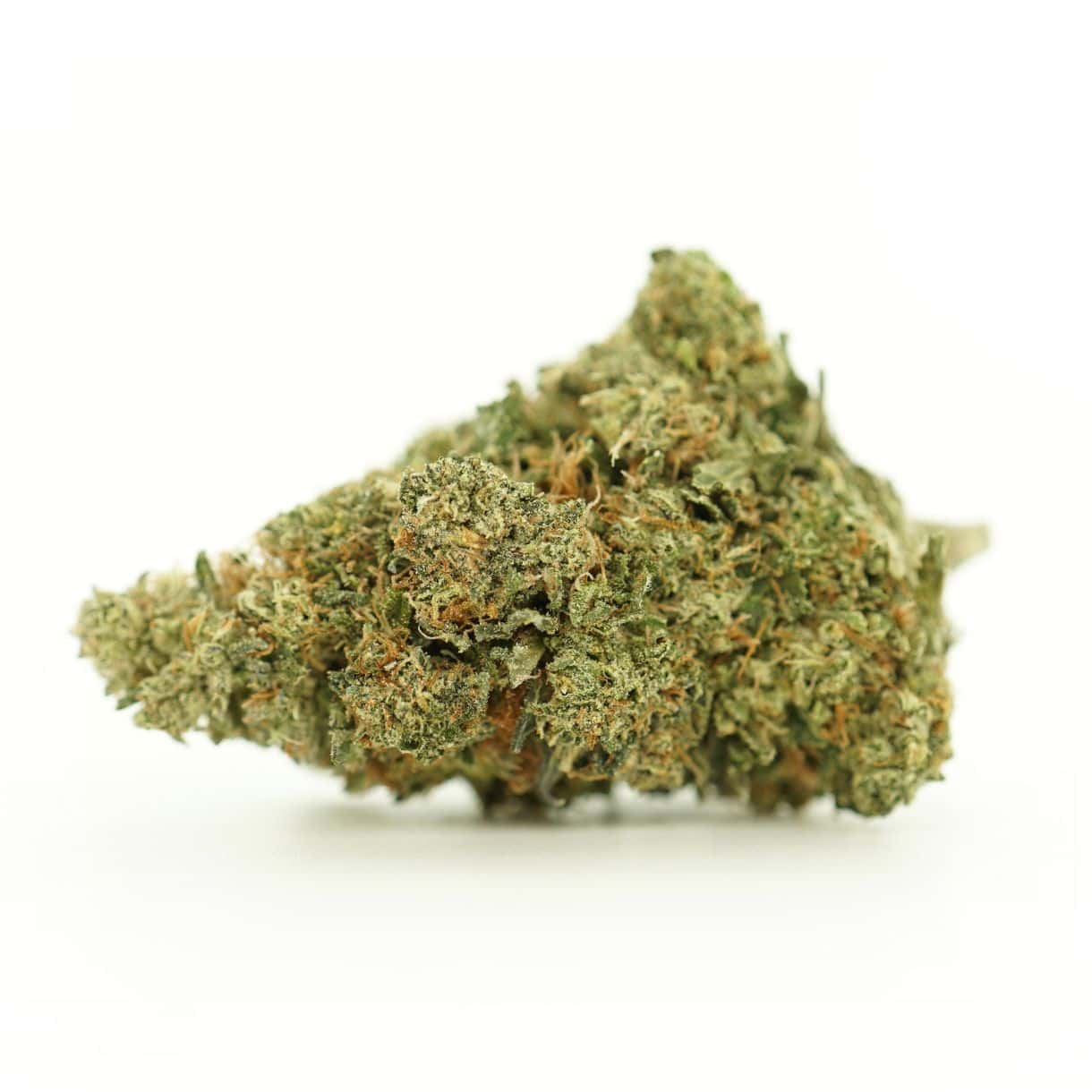 Image of pink kush cannabis bud with frosty trichomes on a crisp white background