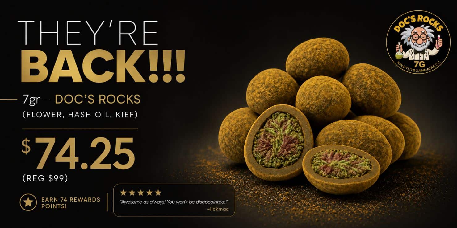 Promotional banner for Doc's Rocks 7g cannabis flower coated in hash oil and kief. Product returns for $74.25 (regular $99), earns 74 rewards points, and features a five-star customer review.