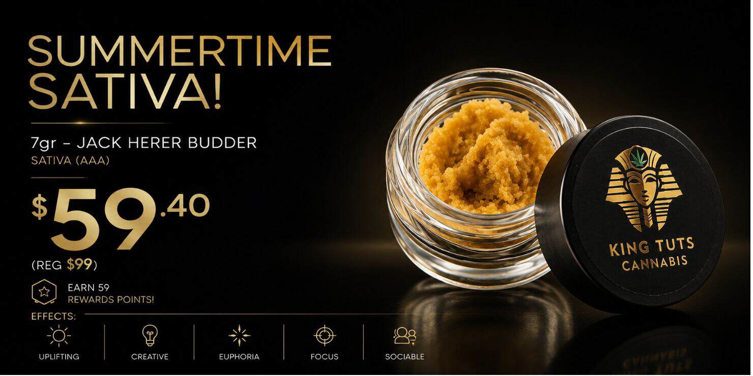 Summertime Sativa promotion featuring 7g Jack Herer Budder (AAA) cannabis concentrate for $59.40, regularly $99, in a premium glass jar on a black luxury background.