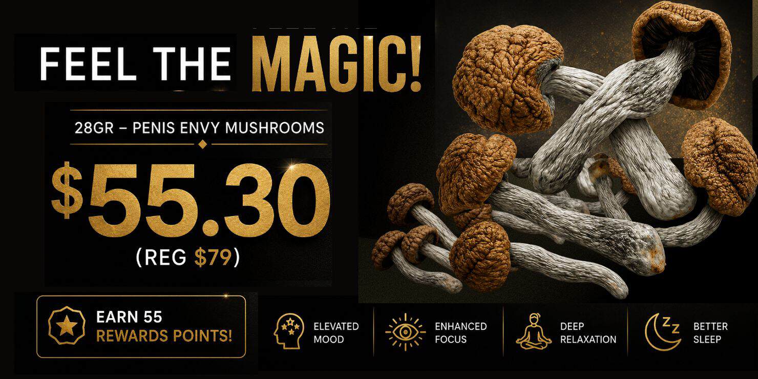 Promotional banner featuring 28g Penis Envy mushrooms on sale for $55.30 (regular $79), earning 55 reward points, with a large cluster of premium mushrooms on a black background and icons highlighting elevated mood, enhanced focus, deep relaxation, and better sleep.