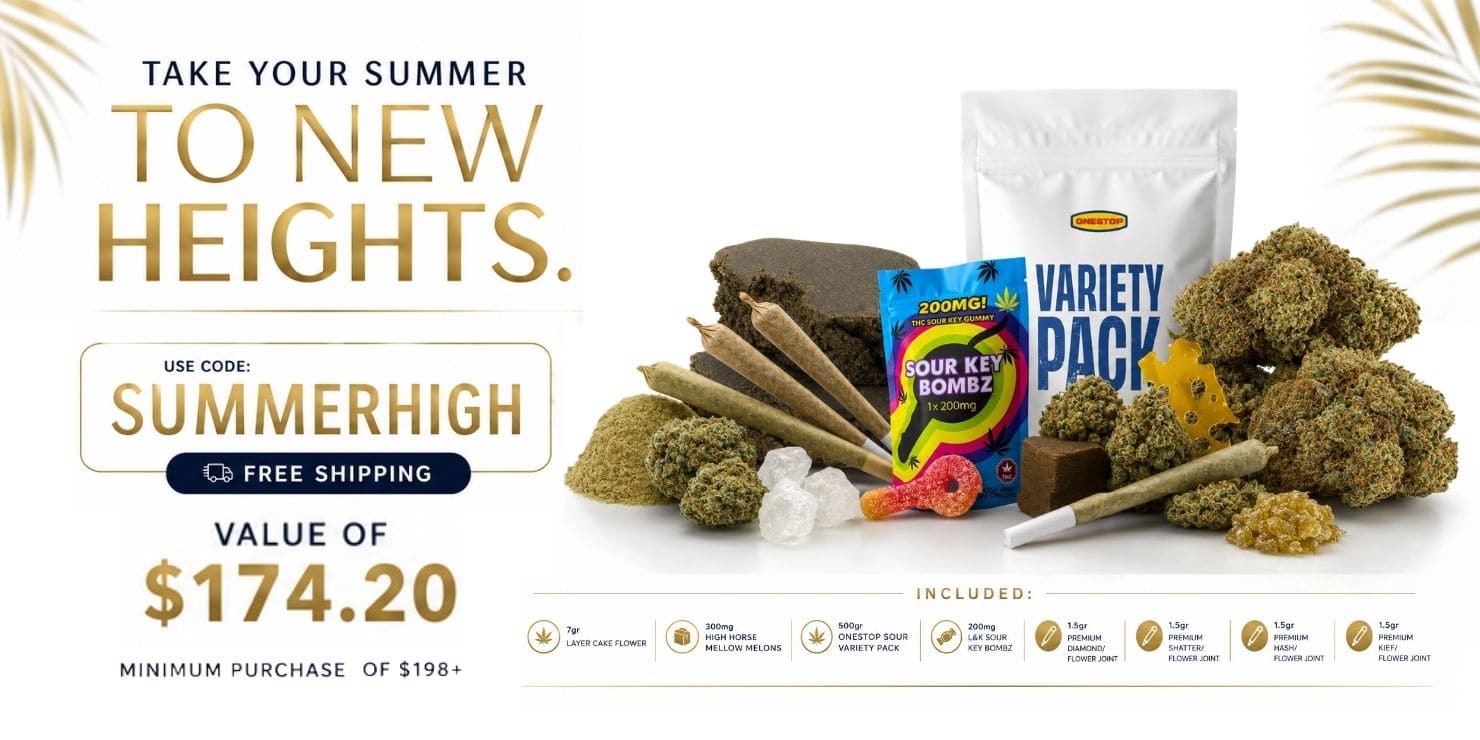 Summer promotional cannabis bundle banner featuring the headline "Take Your Summer to New Heights," promo code SUMMERHIGH, free shipping, $174.20 value with $198 minimum purchase, and an assortment of premium cannabis flower, pre-rolls, hash, gummies, concentrates, and a variety pack on a clean white background.