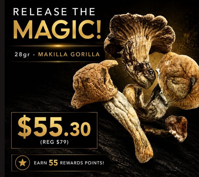 Release the Magic promotional banner featuring 28g Marilla Gorilla cannabis flower with premium packaging and close-up buds. Sale price $55.30. Includes strain details, indica dominance, and flavour notes of earthy, spicy, and citrus on a black and gold background.