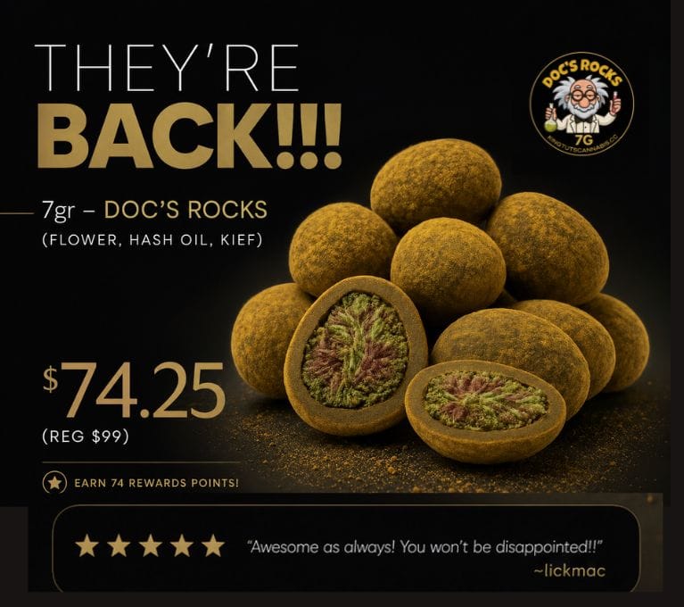 Promotional banner for Doc's Rocks 7g cannabis flower coated in hash oil and kief. Product returns for $74.25 (regular $99), earns 74 rewards points, and features a five-star customer review.