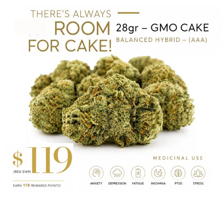 Promotional banner featuring 28g GMO Cake (AAA Balanced Hybrid) cannabis flower for $119 (regular $169), earning 119 reward points, with premium cannabis buds on a white background and medicinal use icons for anxiety, depression, fatigue, insomnia, PTSD, and stress.