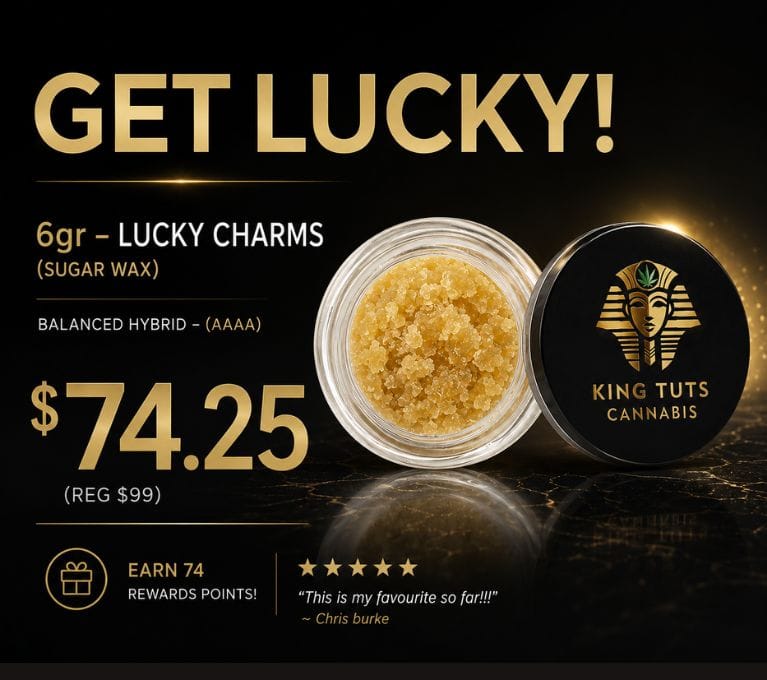 King Tuts Cannabis Lucky Charms sugar wax promotion featuring 6g of balanced hybrid AAAA sugar wax for $74.25, reduced from $99.