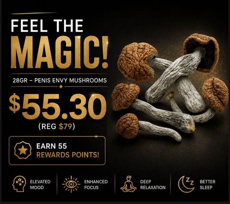 Promotional banner featuring 28g Penis Envy mushrooms on sale for $55.30 (regular $79), earning 55 reward points, with a large cluster of premium mushrooms on a black background and icons highlighting elevated mood, enhanced focus, deep relaxation, and better sleep.