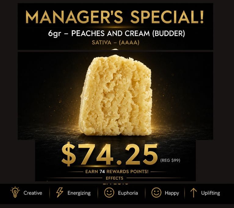 Manager's Special promotional banner featuring 6g Peaches and Cream Budder (AAAA Sativa) on sale for $74.25 (regular $99), earning 74 reward points, with a close-up of golden cannabis budder and effect icons highlighting creative, energizing, euphoric, happy, and uplifting qualities.